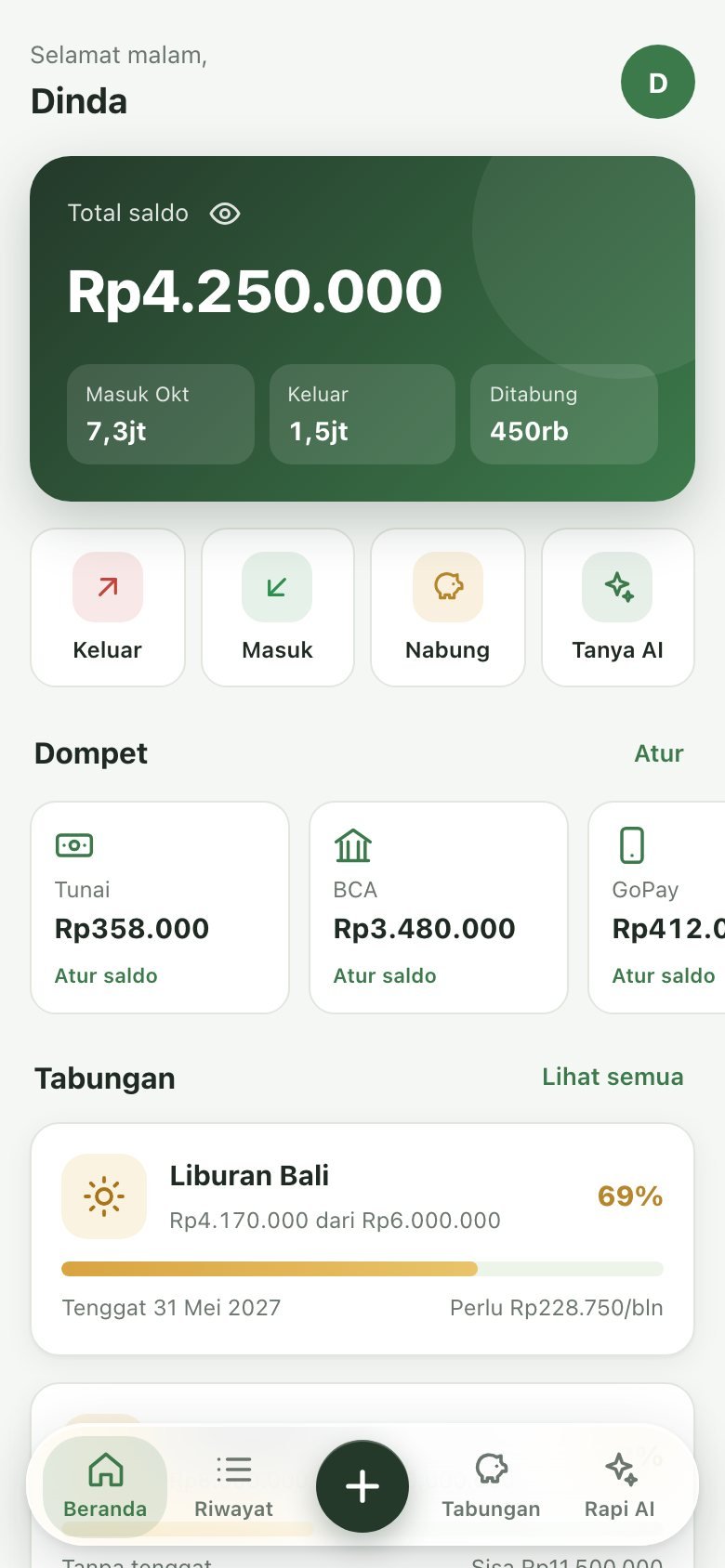 Beranda: Total saldo, dompet, tabungan & pengeluaran