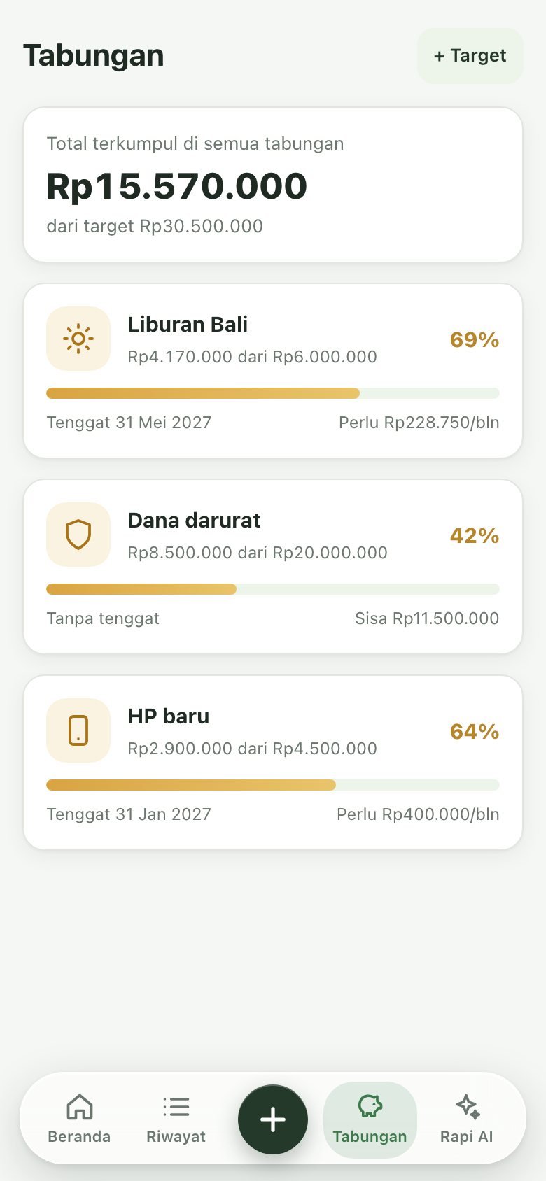 Tabungan: Target, progres & saran per bulan