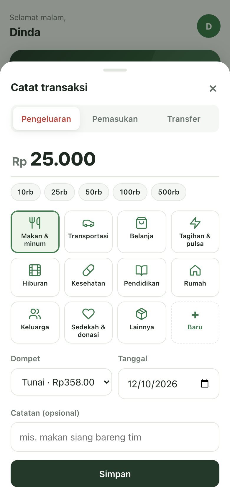 Catat transaksi: Nominal cepat & kategori sekali ketuk